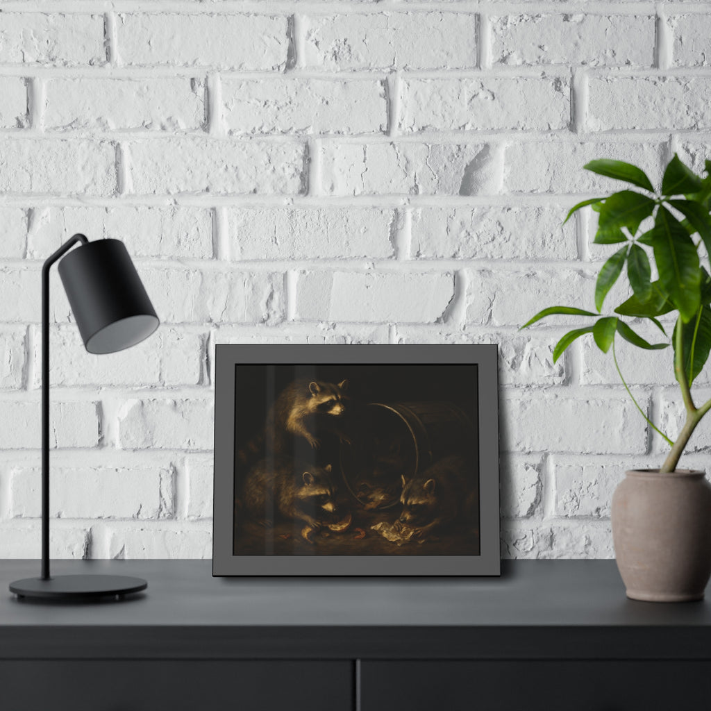 Raccoons at a tipped metal pail, one gnawing a melon rind in the dark. The Supper at the Alleyway by Garabaggio, framed fine art print hanging in a room.