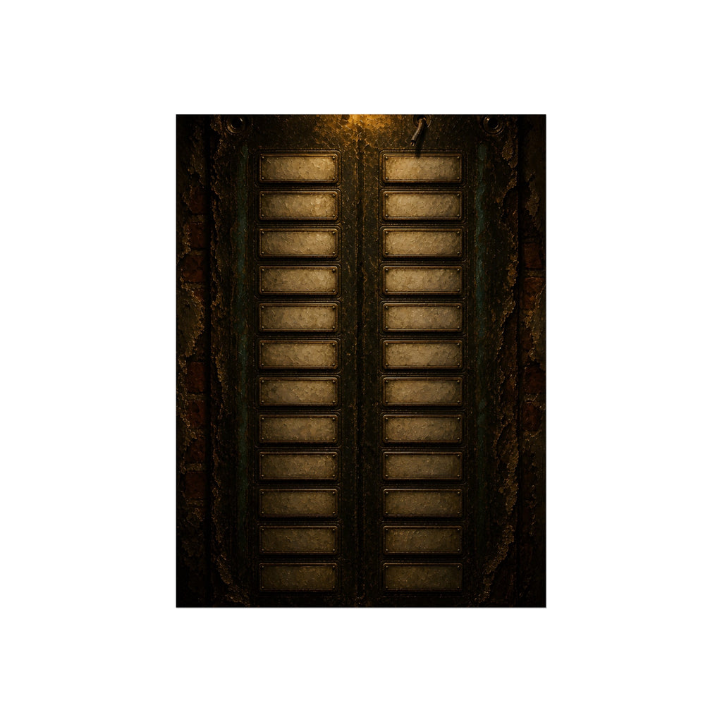 An intercom panel of blank name slots on a weathered building wall. The Names Behind Brass by Garabaggio, fine art print, 12″ x 16″.