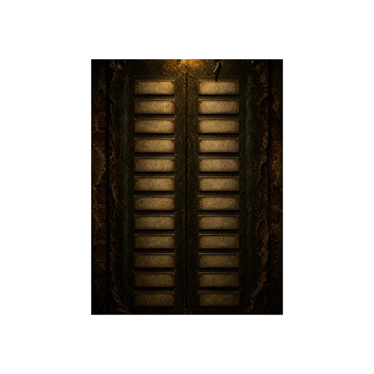 An intercom panel of blank name slots on a weathered building wall. The Names Behind Brass by Garabaggio, fine art print, 12″ x 16″.