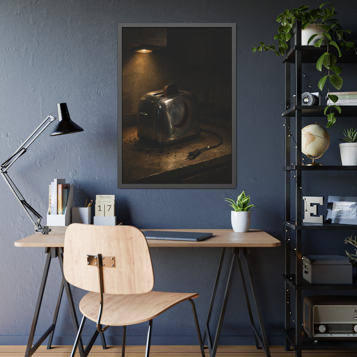 Scorched toaster with burnt toast on a counter under a cabinet light. Breakfast Interrupted by Garabaggio, framed fine art print hanging in a room.