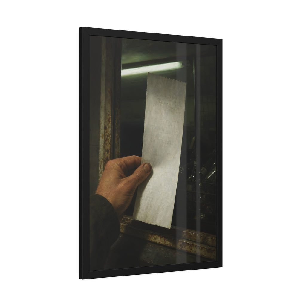 A hand holding a blank slip at a rusted counter window, bottles behind. The Receipt of Absolution by Garabaggio, framed fine art print hanging in a room.