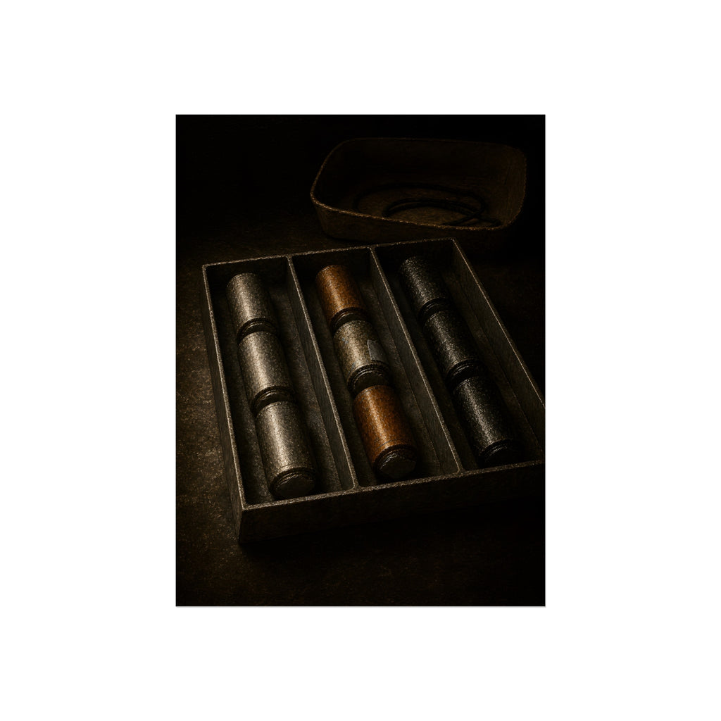Dead batteries lined up in a divided tray on a dark table. The Sorting Tray by Garabaggio, fine art print, 12″ x 16″.