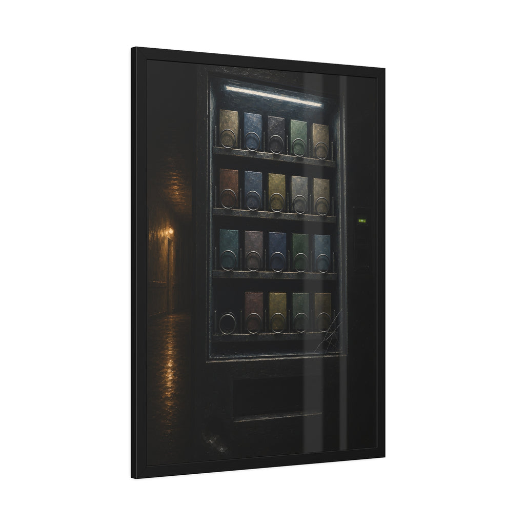 Rows of coils behind the lit glass of a vending machine in a dark hall. The First Empty Spiral by Garabaggio, framed fine art print hanging in a room.
