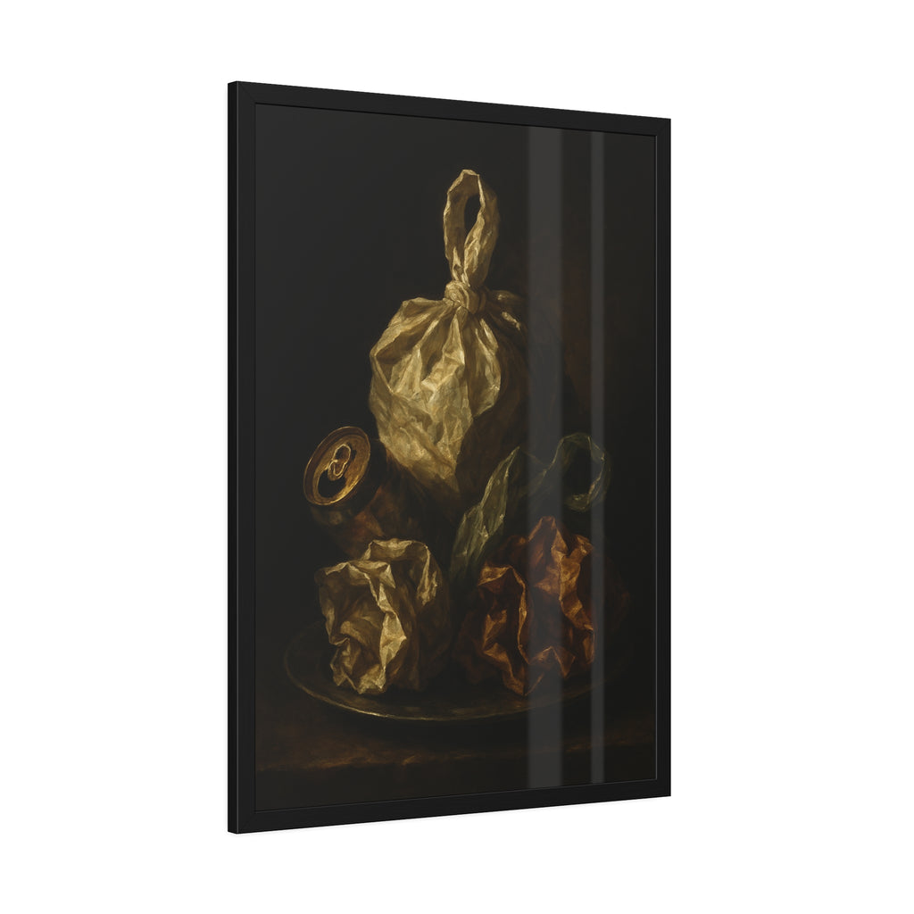 Knotted plastic bag on a plate with crumpled wrappers and a crushed can. Communion of the Knotted Bag by Garabaggio, framed fine art print hanging in a room.