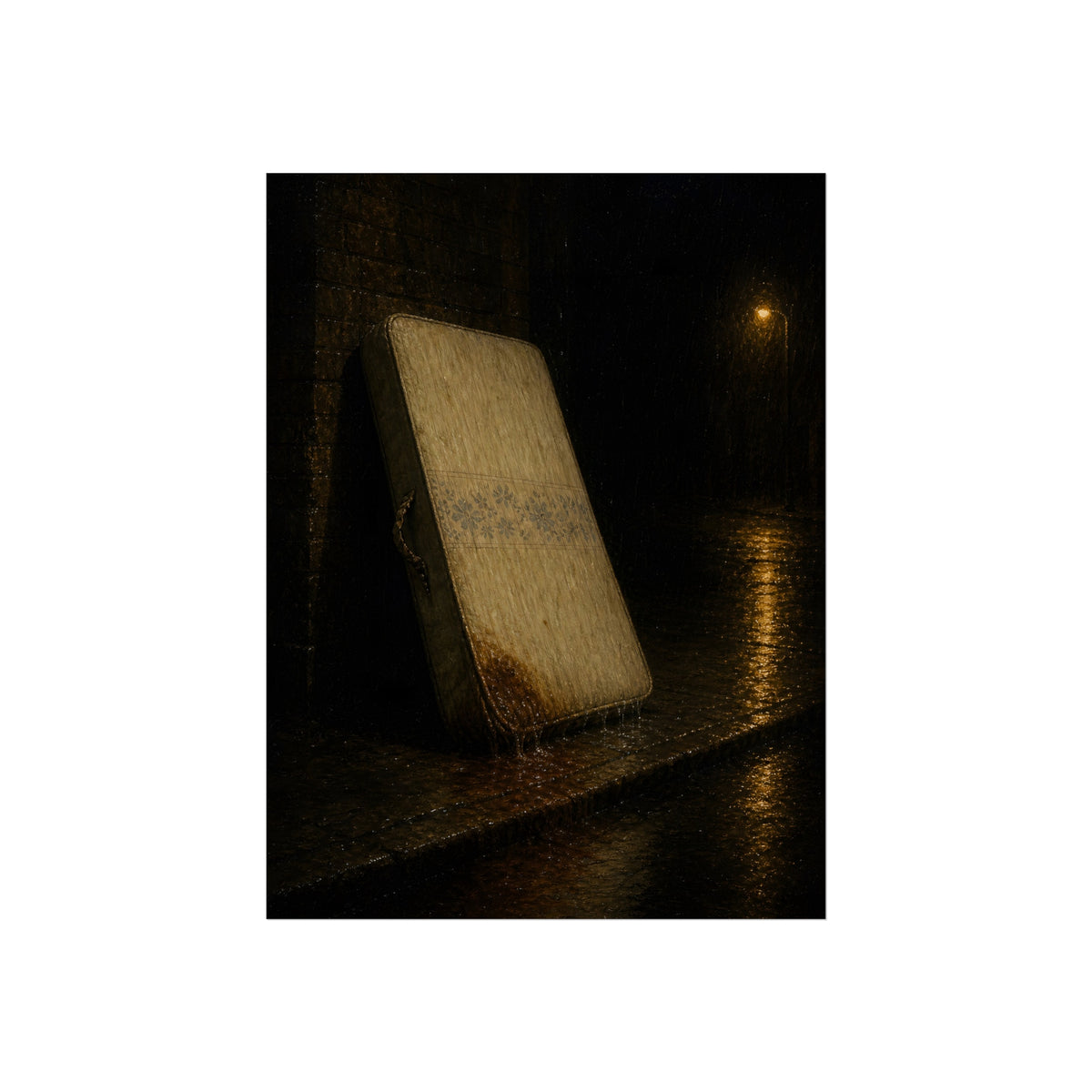 A stained mattress leaning against a wall in rain under a streetlamp. The First Rain by Garabaggio, fine art print, 18″ x 24″.