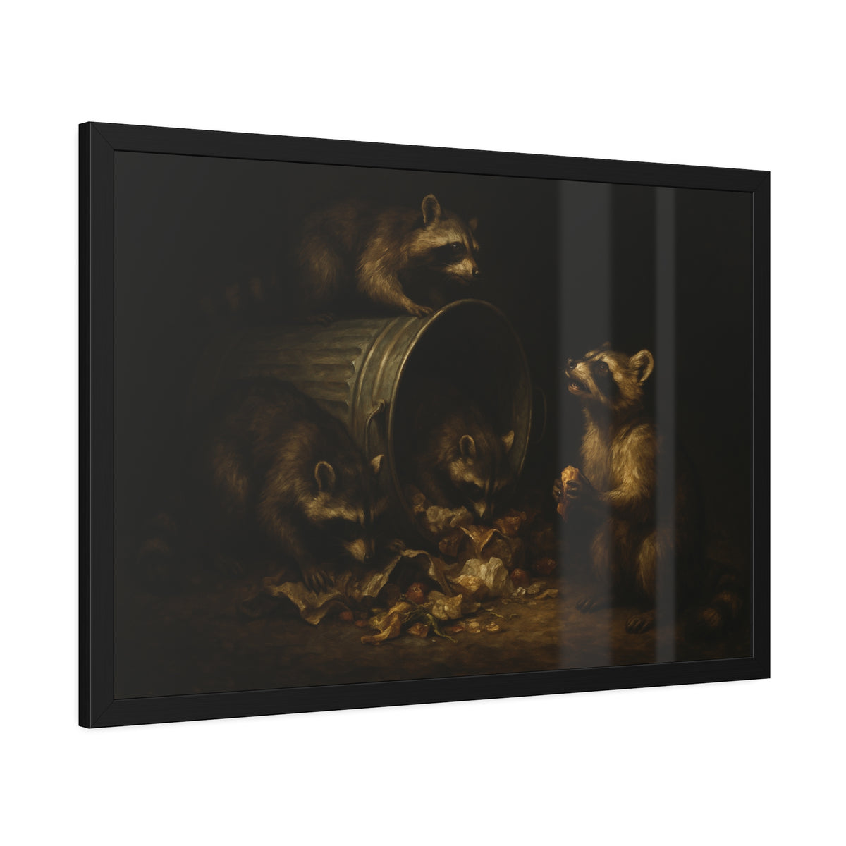 Four raccoons around a toppled metal trash can in the dark. The Last Bite by Garabaggio, framed fine art print hanging in a room.