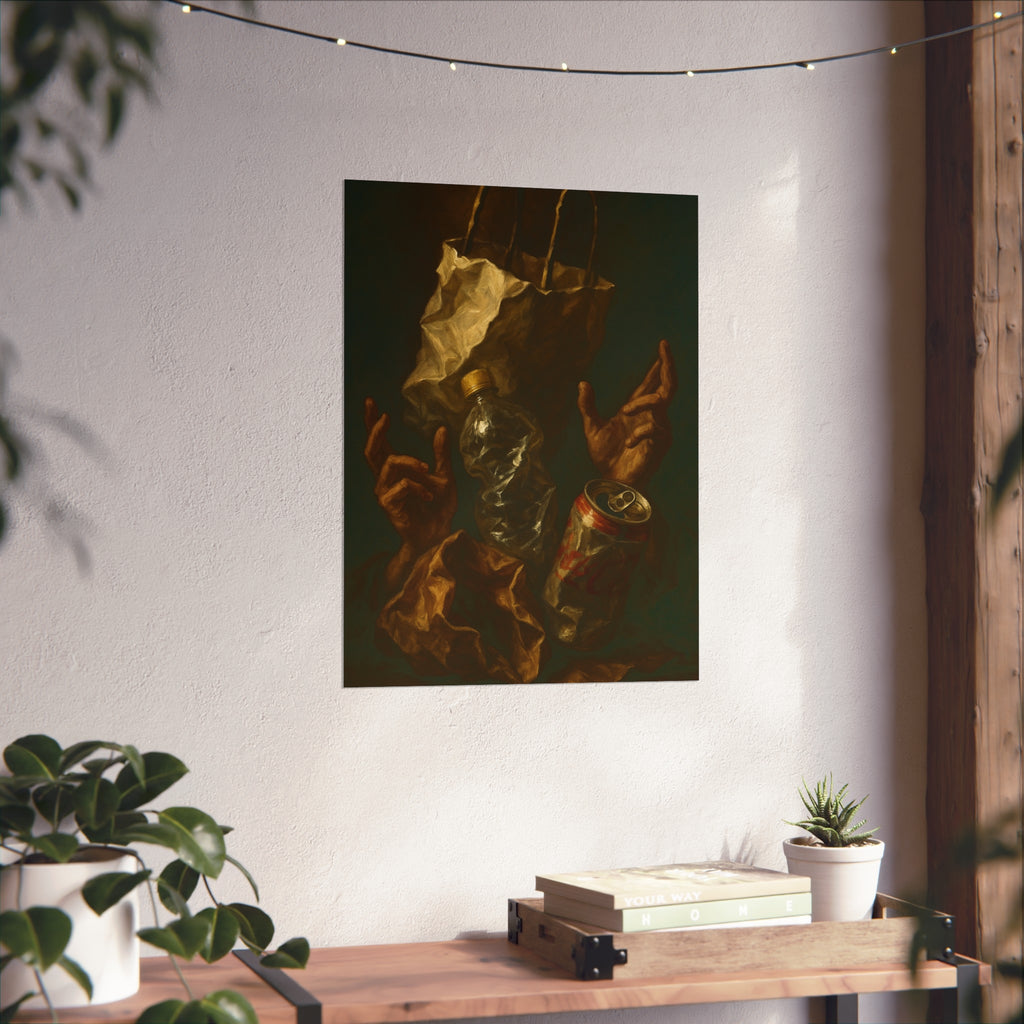 Two hands raised beside a paper bag, crushed bottle and dented can. The Assumption of the Discarded by Garabaggio, fine art print hanging in a room.