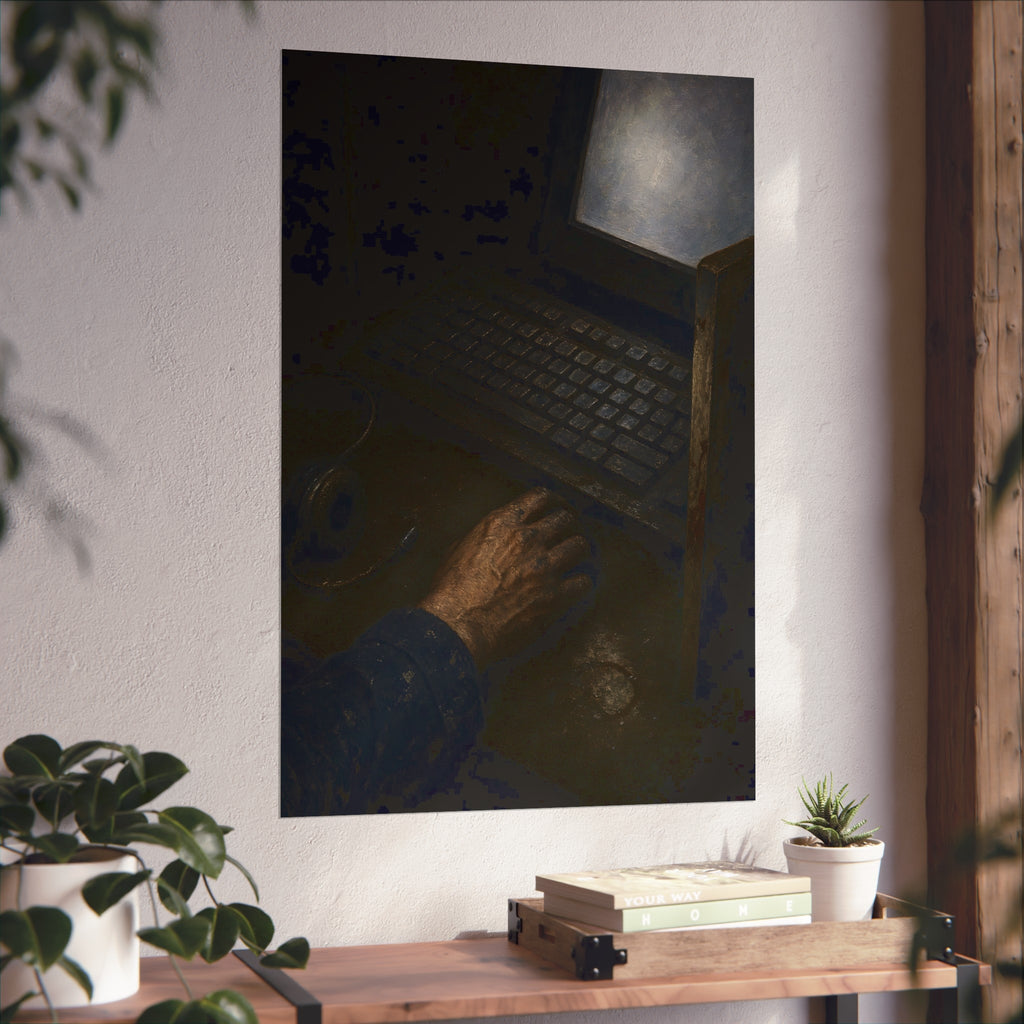 A hand on a mouse beside a grimy keyboard and a pale glowing screen. Login Before Dawn by Garabaggio, fine art print hanging in a room.