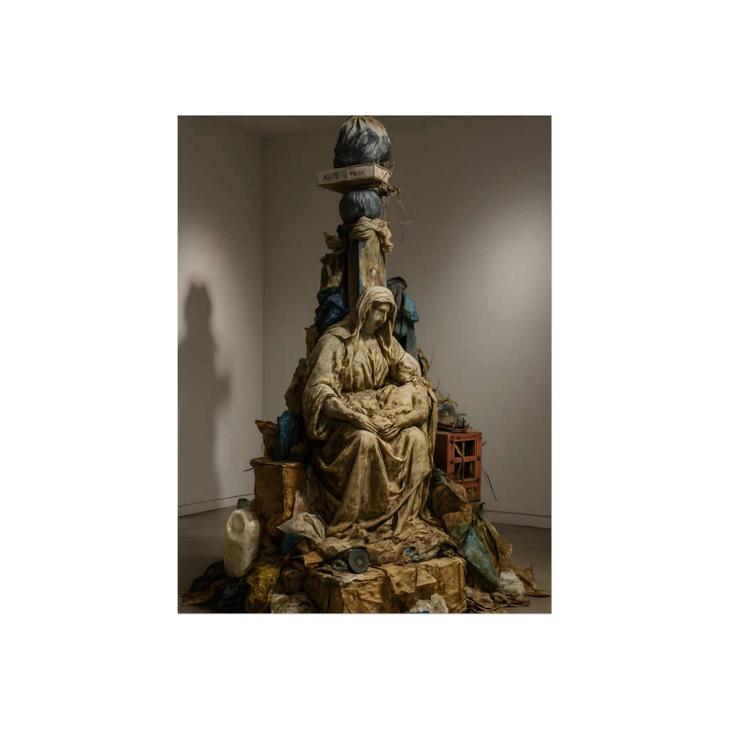 Seated hooded figure cradling a bundle on a mound of bagged refuse. Pietà of the Curbside by Garabaggio, fine art print, 12″ x 16″.