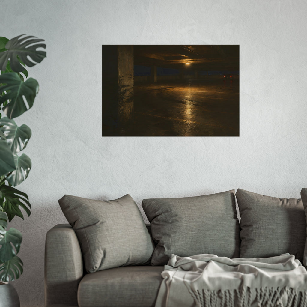An empty concrete parking deck lit by one ceiling lamp, tail lights beyond. The Parking Garage, Level 4 by Garabaggio, fine art print hanging in a room.