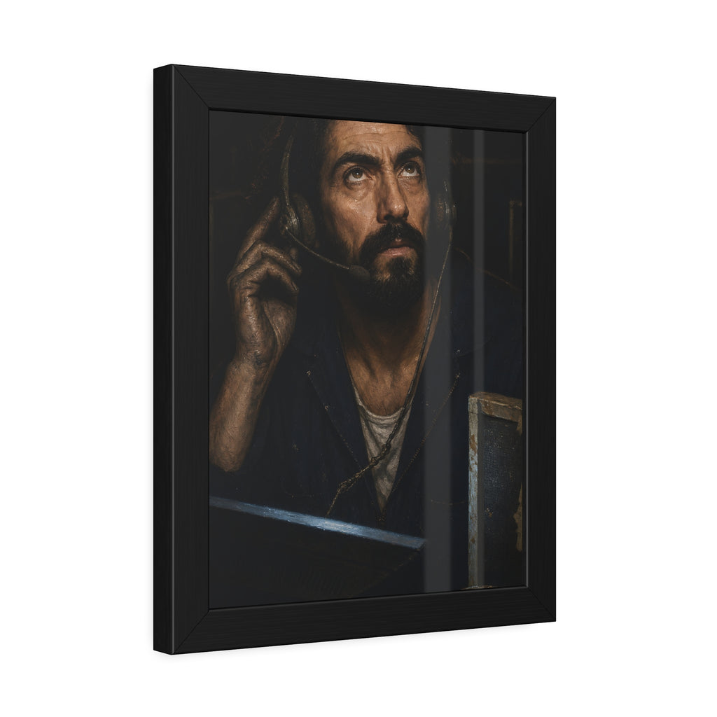 A man in a phone headset looks upward over the glow of a monitor. Garabaggio on Hold by Garabaggio, framed fine art print hanging in a room.