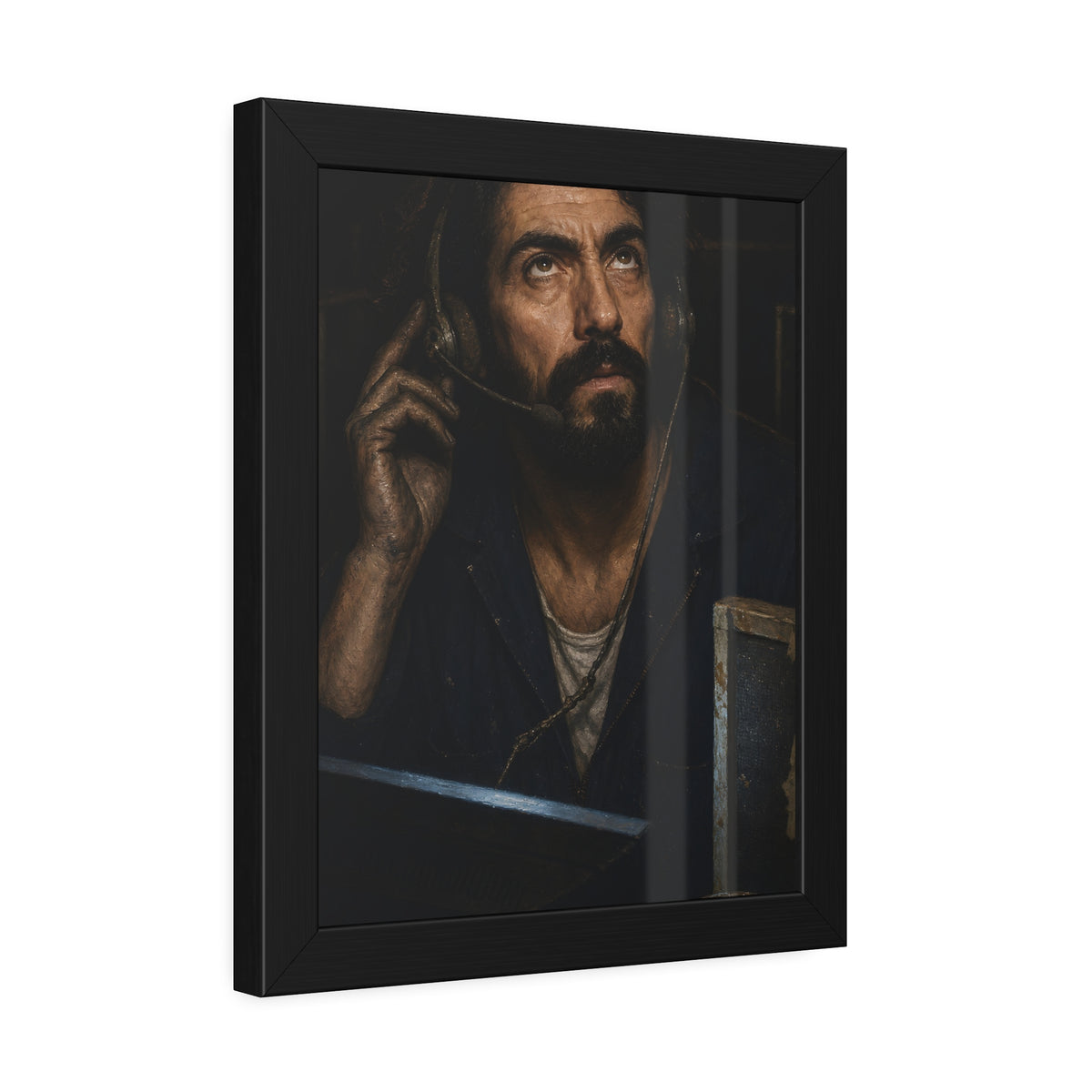A man in a phone headset looks upward over the glow of a monitor. Garabaggio on Hold by Garabaggio, framed fine art print hanging in a room.