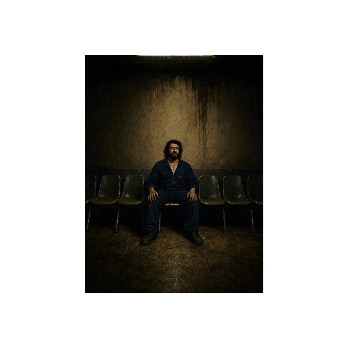 A man sits in the middle of a row of empty chairs under a wall light. Garabaggio Takes the Middle Chair by Garabaggio, fine art print, 12″ x 16″.
