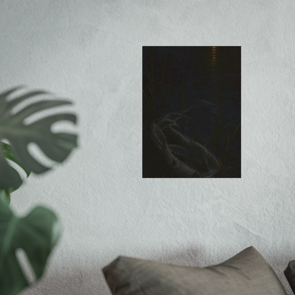 A deflated float slumped in lakeside reeds under a streak of moonlight. Spring Skin in the Reeds by Garabaggio, fine art print hanging in a room.