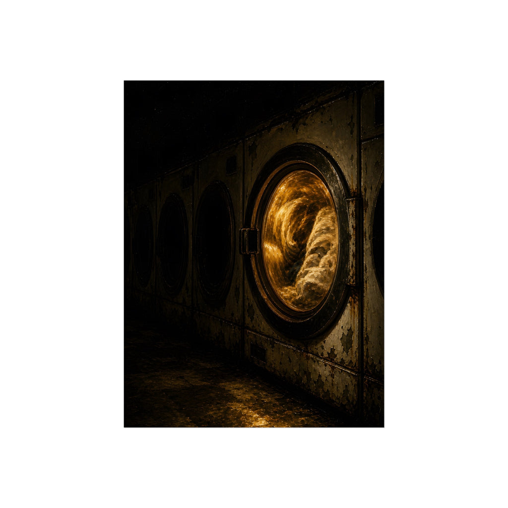 A row of dryers with one drum lit and tumbling in a dark laundromat. The Last Dryer Turning by Garabaggio, fine art print, 12″ x 16″.