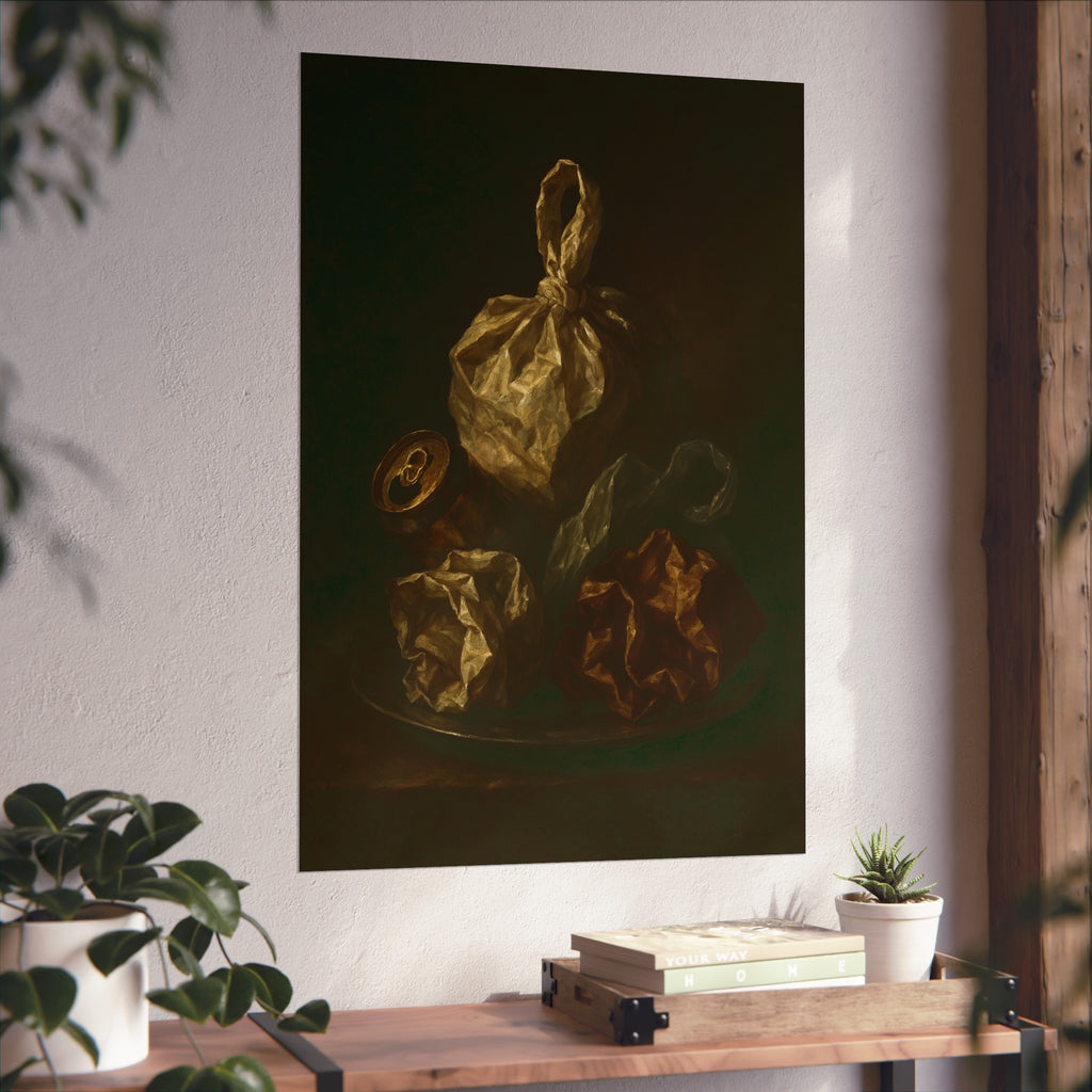 Knotted plastic bag on a plate with crumpled wrappers and a crushed can. Communion of the Knotted Bag by Garabaggio, fine art print hanging in a room.