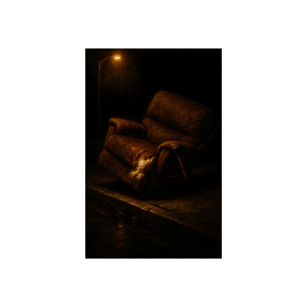 A torn brown recliner tipped on a curb in dim warm light. The Deposition of the Broken Recliner by Garabaggio, fine art print hanging in a room.