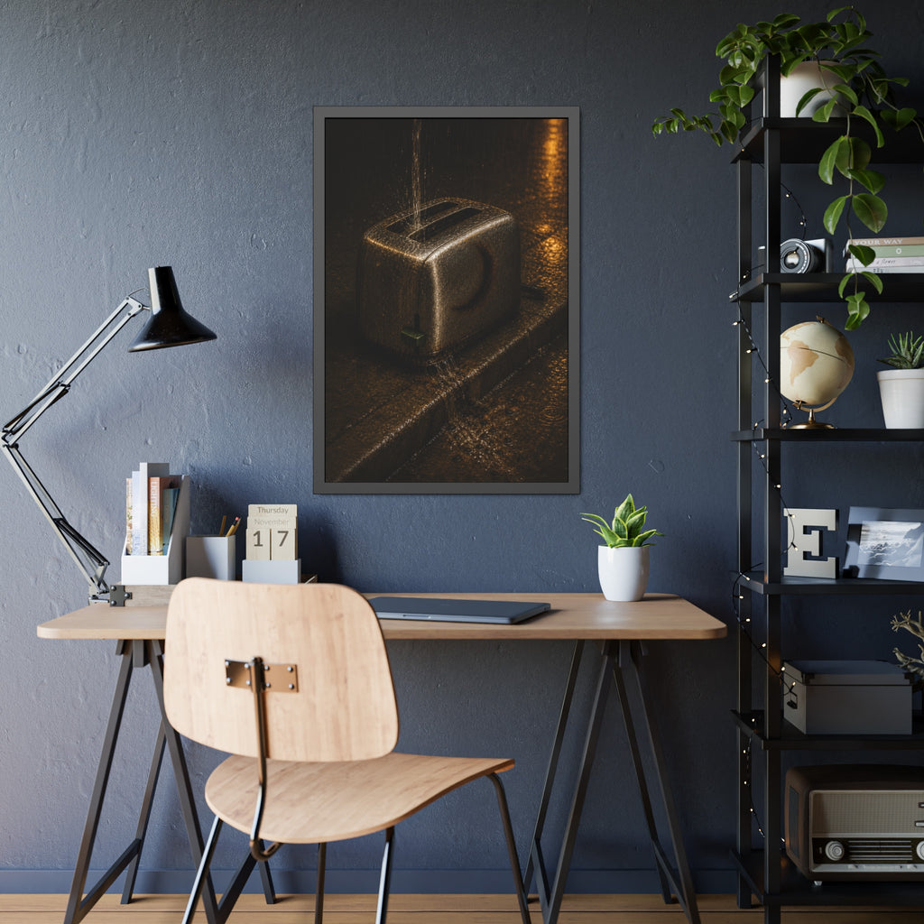 A toaster on a wet curb with water pouring into its slots. Rain Through the Slots by Garabaggio, framed fine art print hanging in a room.