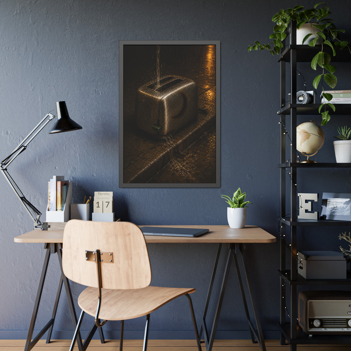 A toaster on a wet curb with water pouring into its slots. Rain Through the Slots by Garabaggio, framed fine art print hanging in a room.