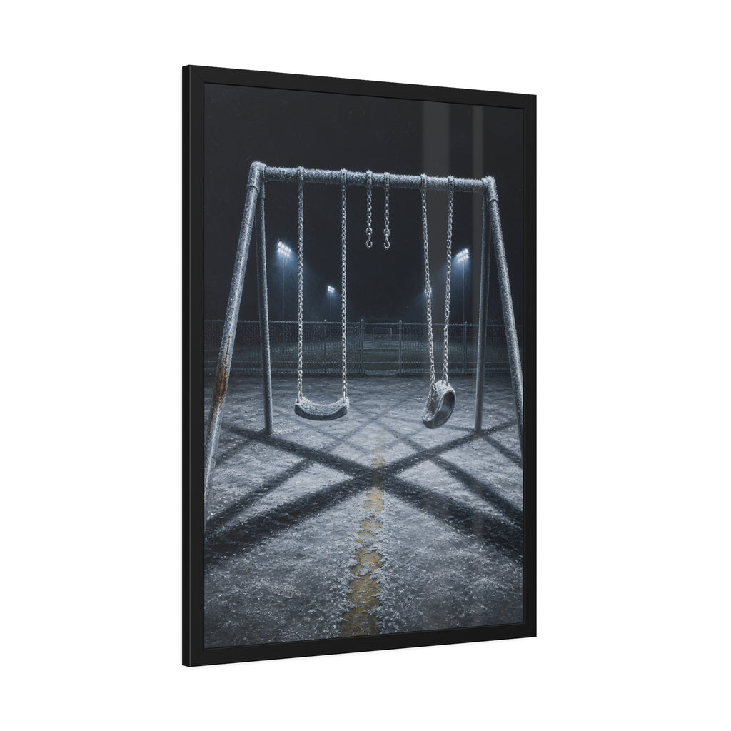 A frost covered swing set on empty asphalt under distant floodlights. The Third Hour: The Coldest Part by Garabaggio, framed fine art print hanging in a room.