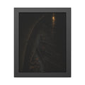 A collapsed umbrella in a dark wet gutter beside a curb, one distant light. The Procession in the Gutter by Garabaggio, framed fine art print, 11″ x 14″.