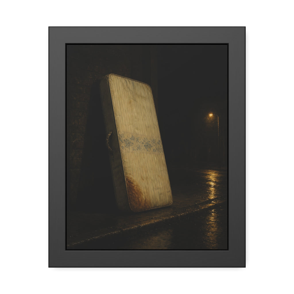 A stained mattress propped on a brick wall along a wet night street. The Presentation Against the Brick by Garabaggio, framed fine art print, 11″ x 14″.