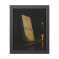 A stained mattress propped on a brick wall along a wet night street. The Presentation Against the Brick by Garabaggio, framed fine art print, 11″ x 14″.