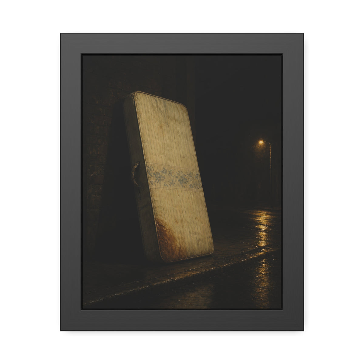 A stained mattress propped on a brick wall along a wet night street. The Presentation Against the Brick by Garabaggio, framed fine art print, 11″ x 14″.