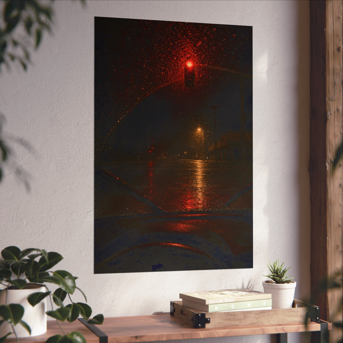 A red traffic light seen through a rain beaded windshield at night. The Windshield at the Red Light by Garabaggio, fine art print hanging in a room.