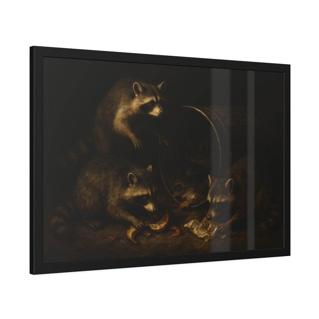 Raccoons at a tipped metal pail, one gnawing a melon rind in the dark. The Supper at the Alleyway by Garabaggio, framed fine art print hanging in a room.