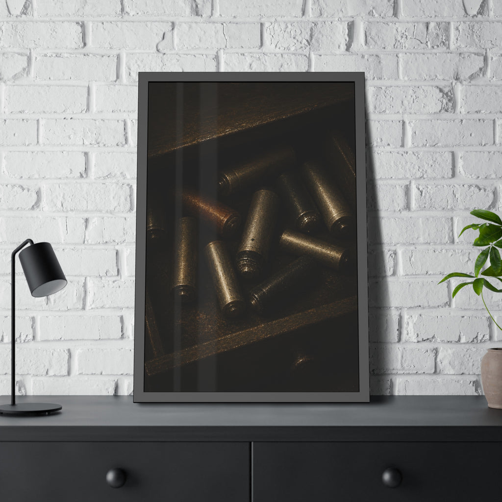 Old batteries loose in an open wooden drawer lit from above. The Drawer Congregation by Garabaggio, framed fine art print hanging in a room.