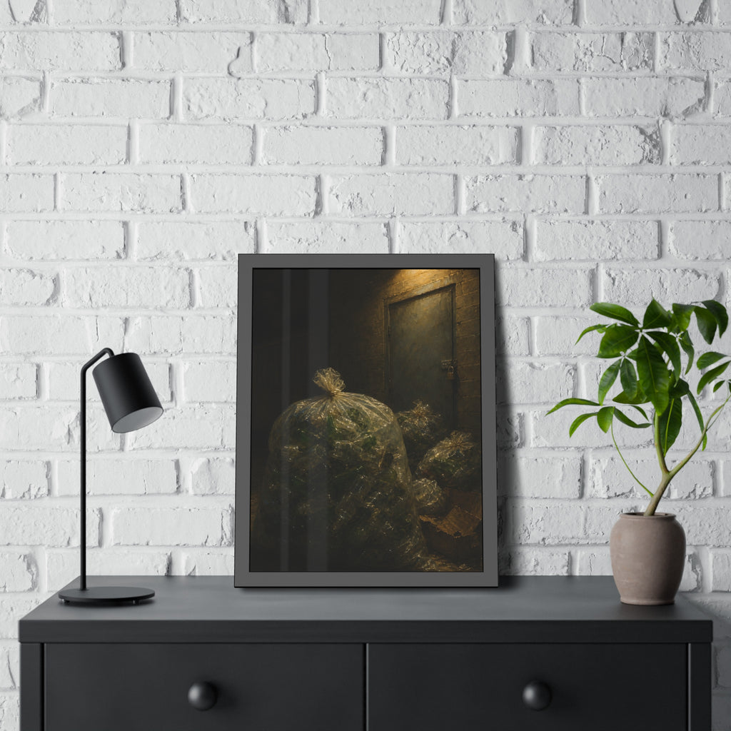 Clear bags of empty bottles piled by a padlocked door under a wall lamp. The Gathering of Empties by Garabaggio, framed fine art print hanging in a room.