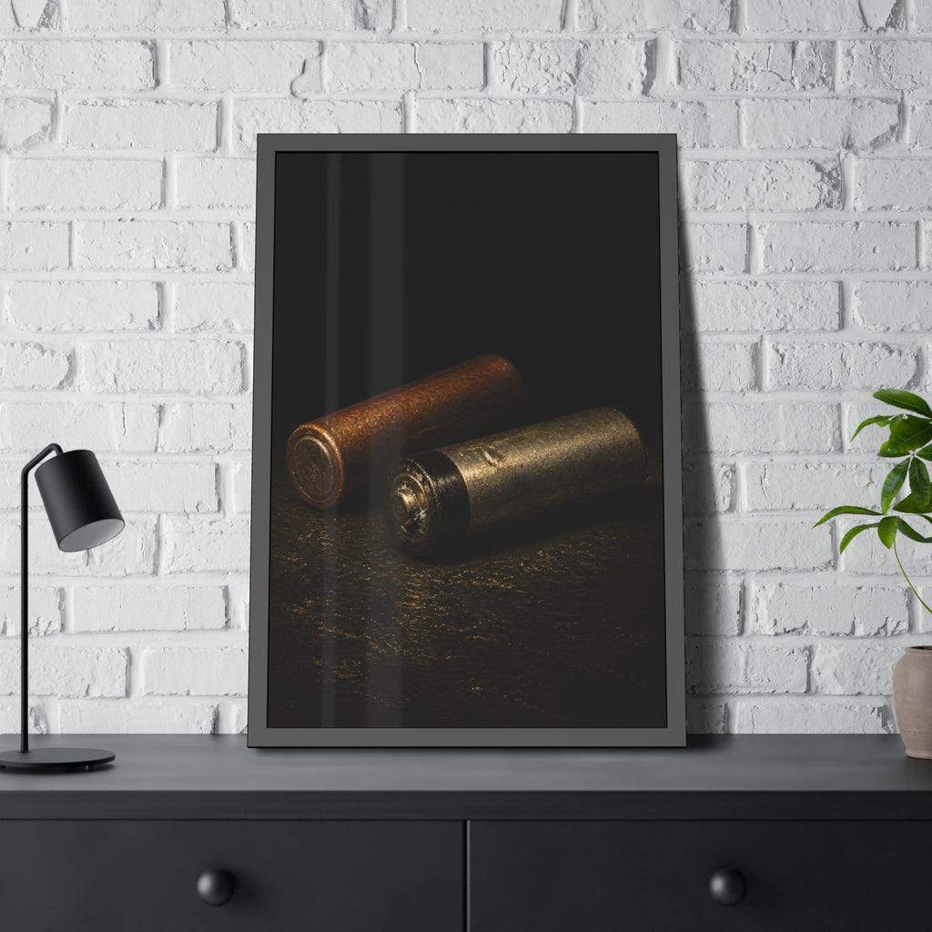 Two spent batteries lying side by side, one rusted, one bare metal. The Second Voice by Garabaggio, framed fine art print hanging in a room.