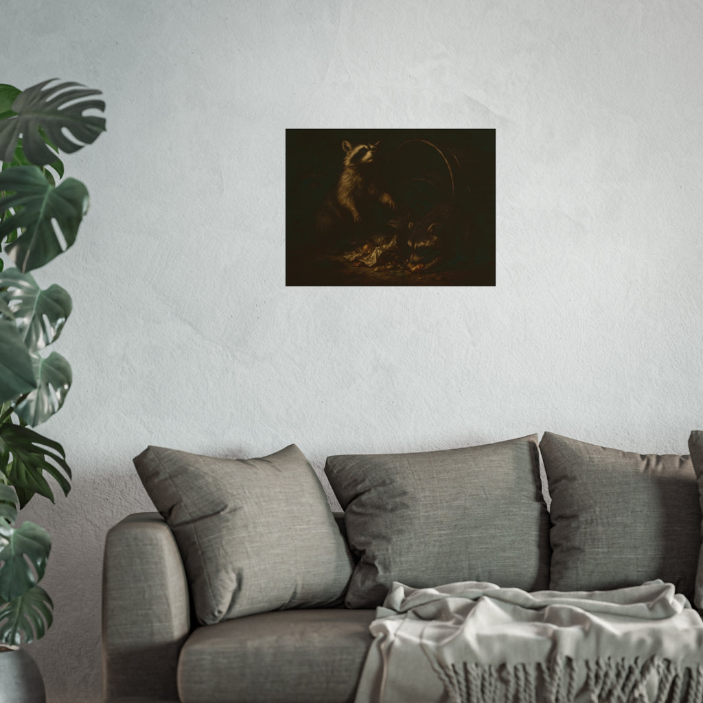 Raccoons feeding on scraps around a tipped metal trash can in the dark. The Calling of St. Trash by Garabaggio, fine art print hanging in a room.