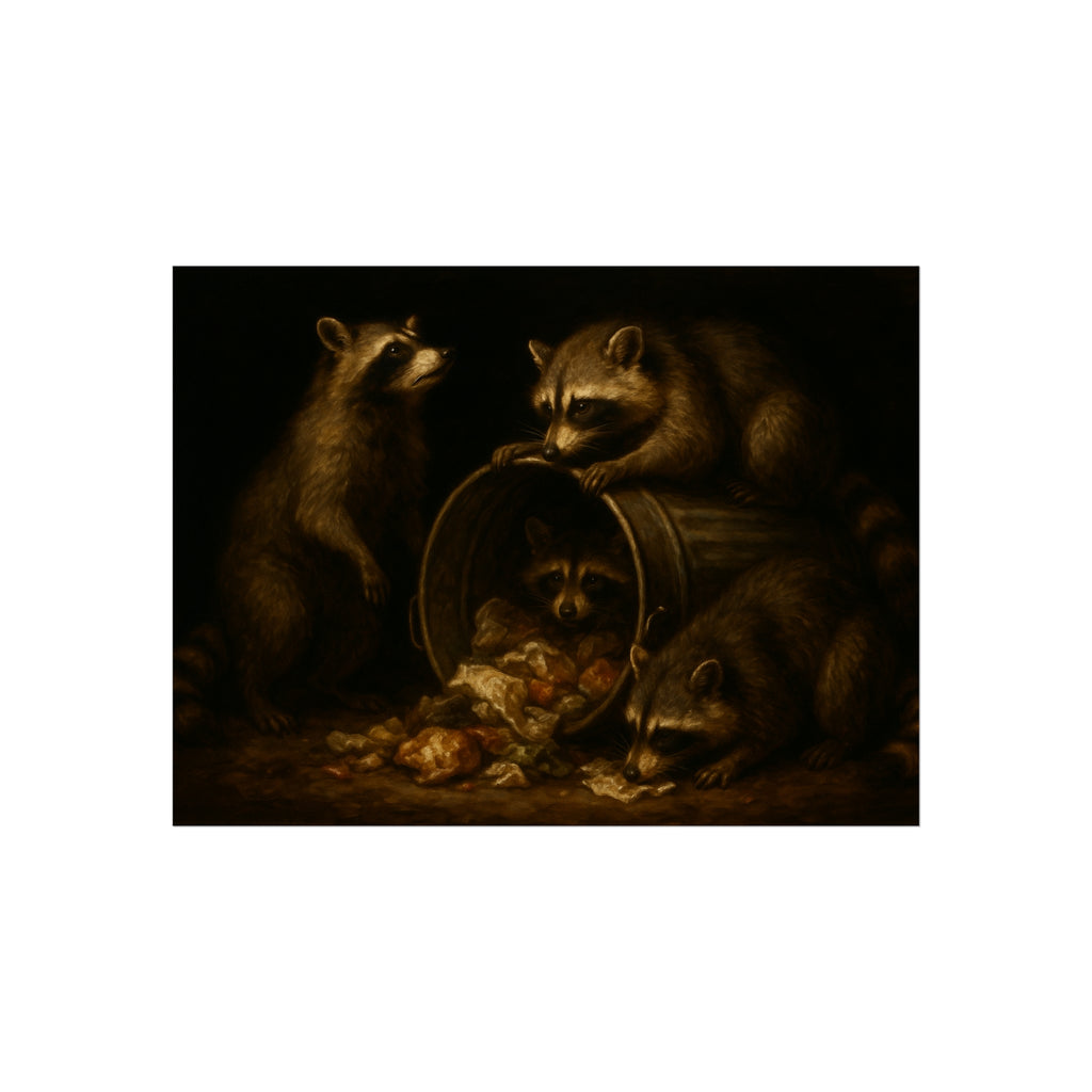 Four raccoons around a tipped metal trash can spilling food scraps. The Crowning with Crumbs by Garabaggio, fine art print hanging in a room.