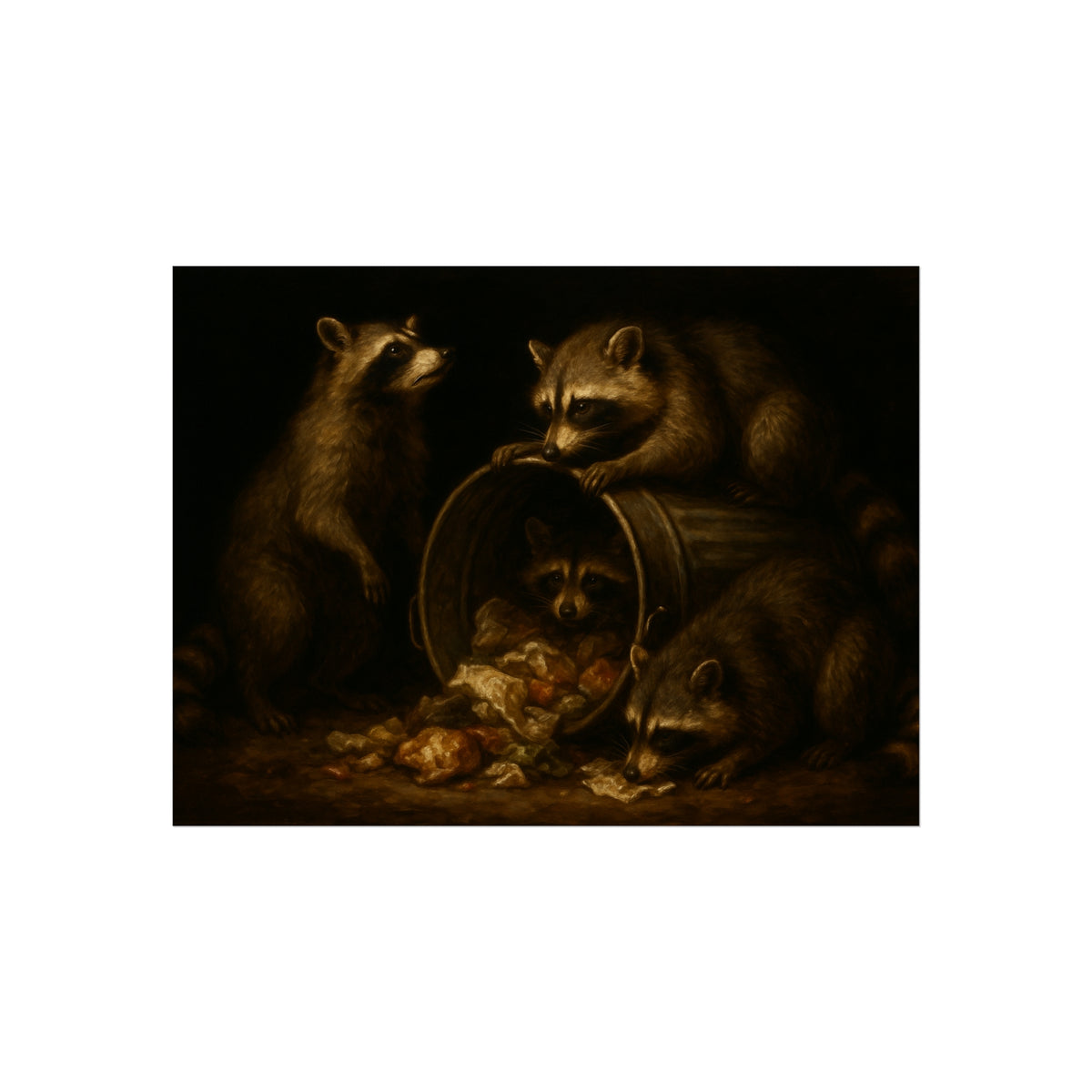 Four raccoons around a tipped metal trash can spilling food scraps. The Crowning with Crumbs by Garabaggio, fine art print hanging in a room.