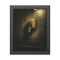 Yellow ticket dispenser on a stained wall above empty seats. Before the First Name by Garabaggio, framed fine art print, 11″ x 14″.