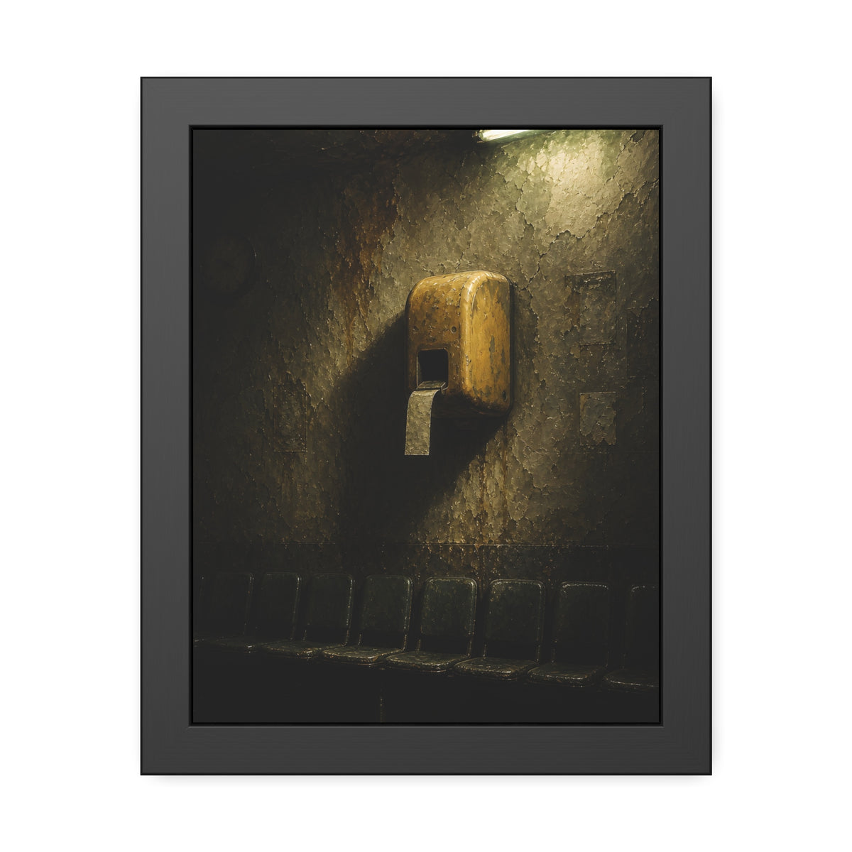 Yellow ticket dispenser on a stained wall above empty seats. Before the First Name by Garabaggio, framed fine art print, 11″ x 14″.
