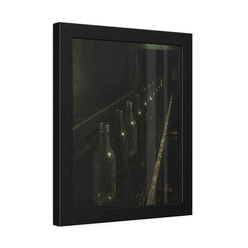 Empty glass bottles in a line on a conveyor under one fluorescent tube. The Procession of Bottles by Garabaggio, framed fine art print hanging in a room.