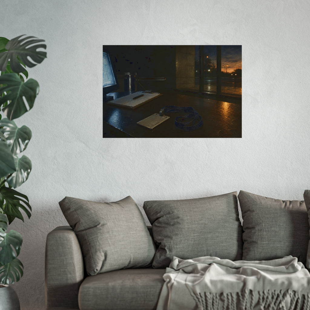 An ID badge and lanyard left on a security desk beside a lit monitor. The Badge on the Security Desk by Garabaggio, fine art print hanging in a room.