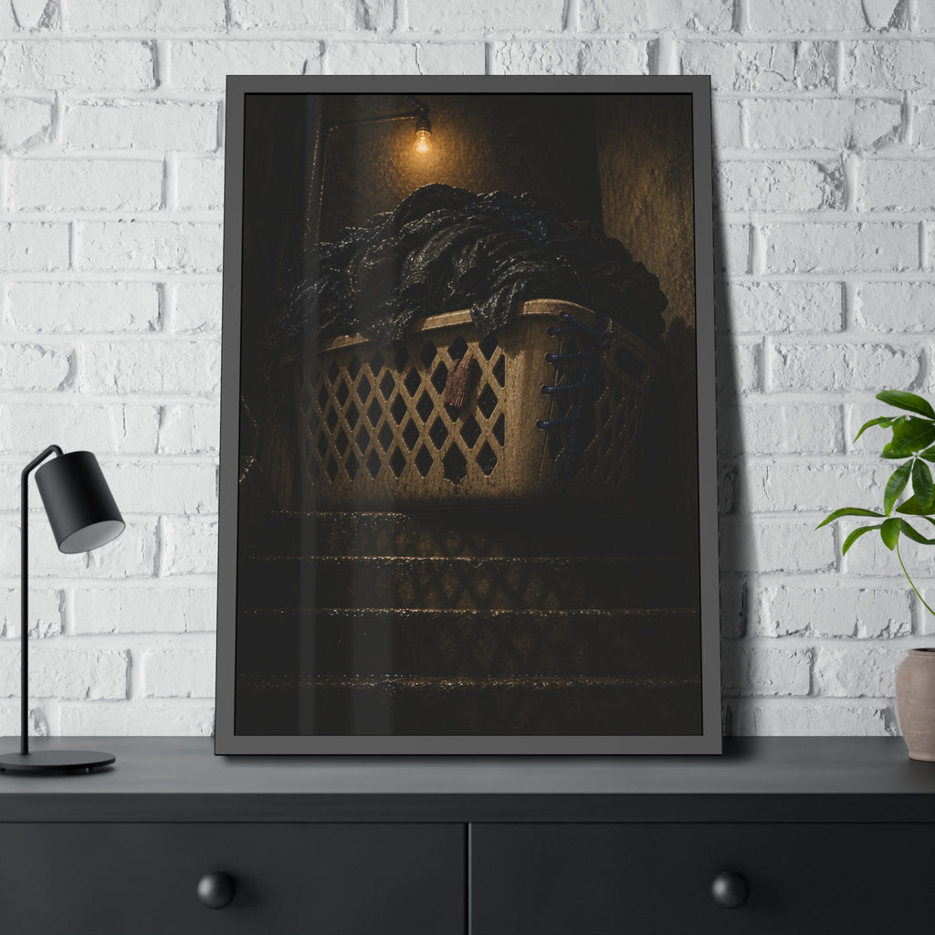 A laundry basket heaped with clothes on stairs under a bare bulb. The Overload on the Basement Stairs by Garabaggio, framed fine art print hanging in a room.