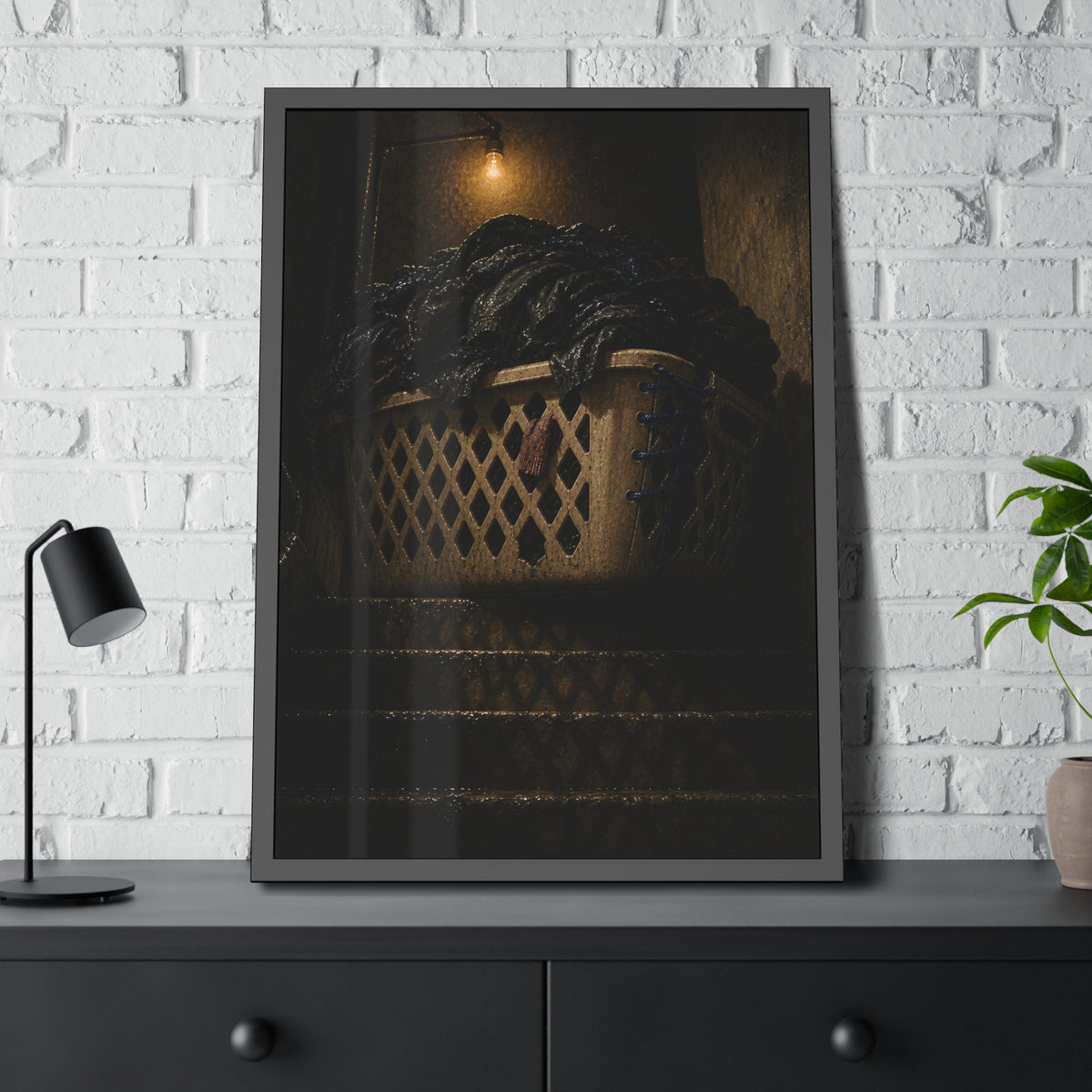 A laundry basket heaped with clothes on stairs under a bare bulb. The Overload on the Basement Stairs by Garabaggio, framed fine art print hanging in a room.