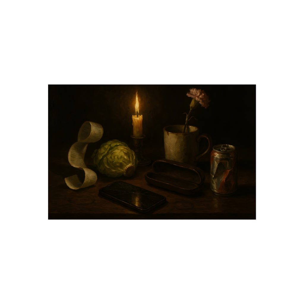 A candle, lettuce head, curled receipt and can on a dim table. Vanitas with Receipts and Wilted Lettuce by Garabaggio, fine art print hanging in a room.