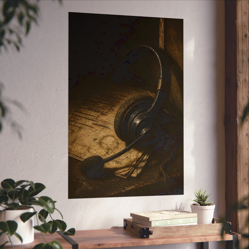 A worn headset resting on a printed script page with coffee rings. The Script Beside the Mouthpiece by Garabaggio, fine art print hanging in a room.