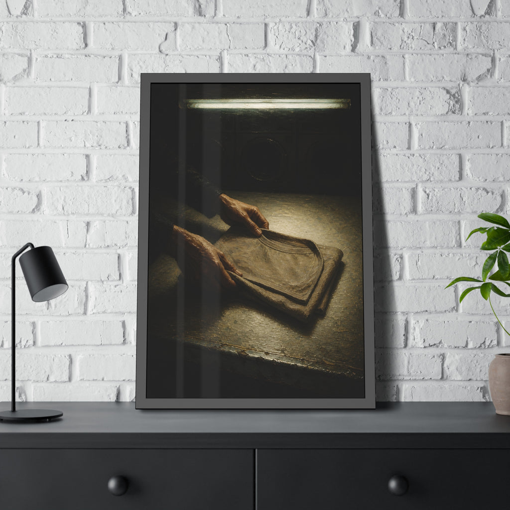 Two hands folding a shirt on a laundromat table with washers behind. The Folding at Two A.M by Garabaggio, framed fine art print hanging in a room.
