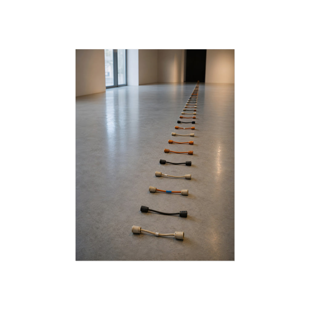 A long line of cut extension cord ends laid across a pale gallery floor. The Severed Procession by Garabaggio, fine art print, 12″ x 16″.