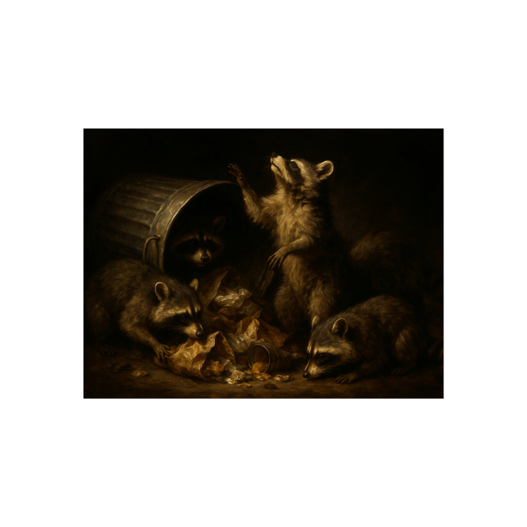 Raccoons around a fallen trash can, one rearing up with a raised paw. The Supper of Shadows by Garabaggio, fine art print, 16″ x 12″.