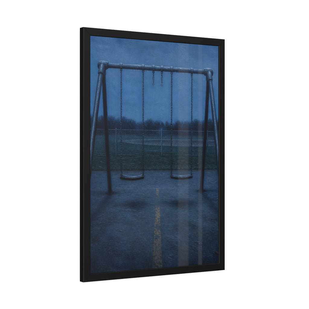 A swing set at dusk with two seats hanging straight. The Sixth Hour: The Seat Hanging Straight by Garabaggio, framed fine art print hanging in a room.