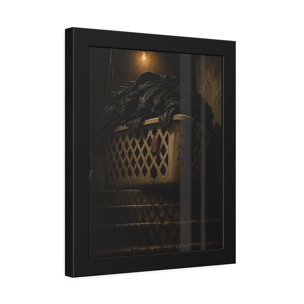 A laundry basket heaped with clothes on stairs under a bare bulb. The Overload on the Basement Stairs by Garabaggio, framed fine art print hanging in a room.