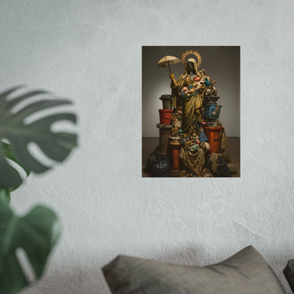 Robed figure with a halo and umbrella rising from trash bags and crates. Our Lady of Perpetual Shelter by Garabaggio, fine art print hanging in a room.